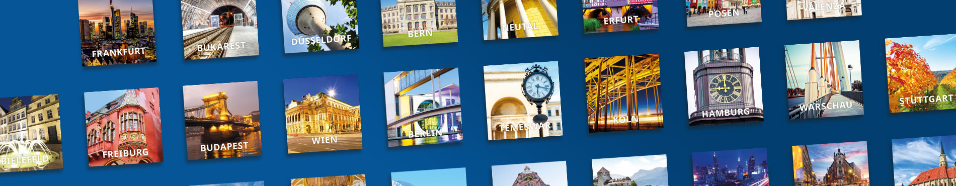 Eine Collage von Stadtansichten zeigt unsere europäischen Standorte, vermittelt Vielfalt und Internationalität.